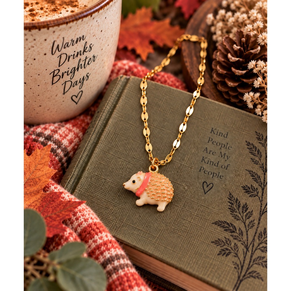 Peach Hedgehog Necklace Gold Tone Enamel Woodland Animal Jewelry